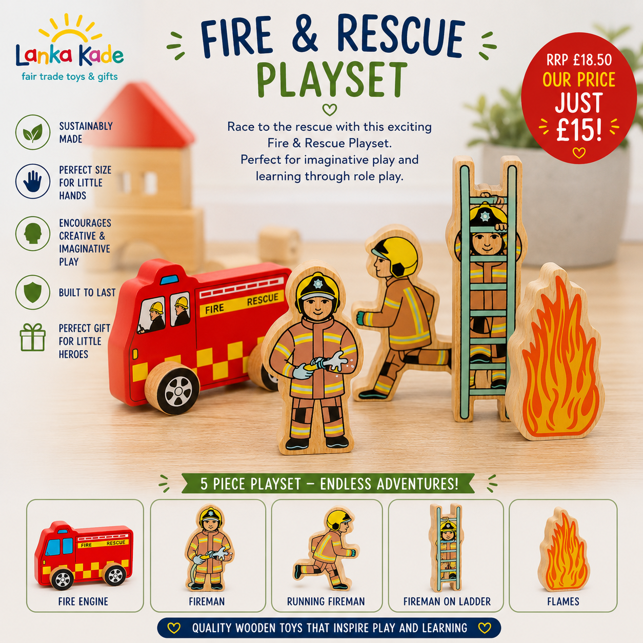 Lanka Kade Wooden Fire & Emergency Services Play Set – Fair Trade Wooden Toy Bundle