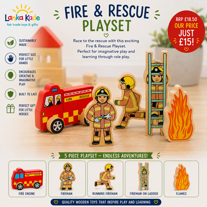 Lanka Kade Wooden Fire & Emergency Services Play Set – Fair Trade Wooden Toy Bundle