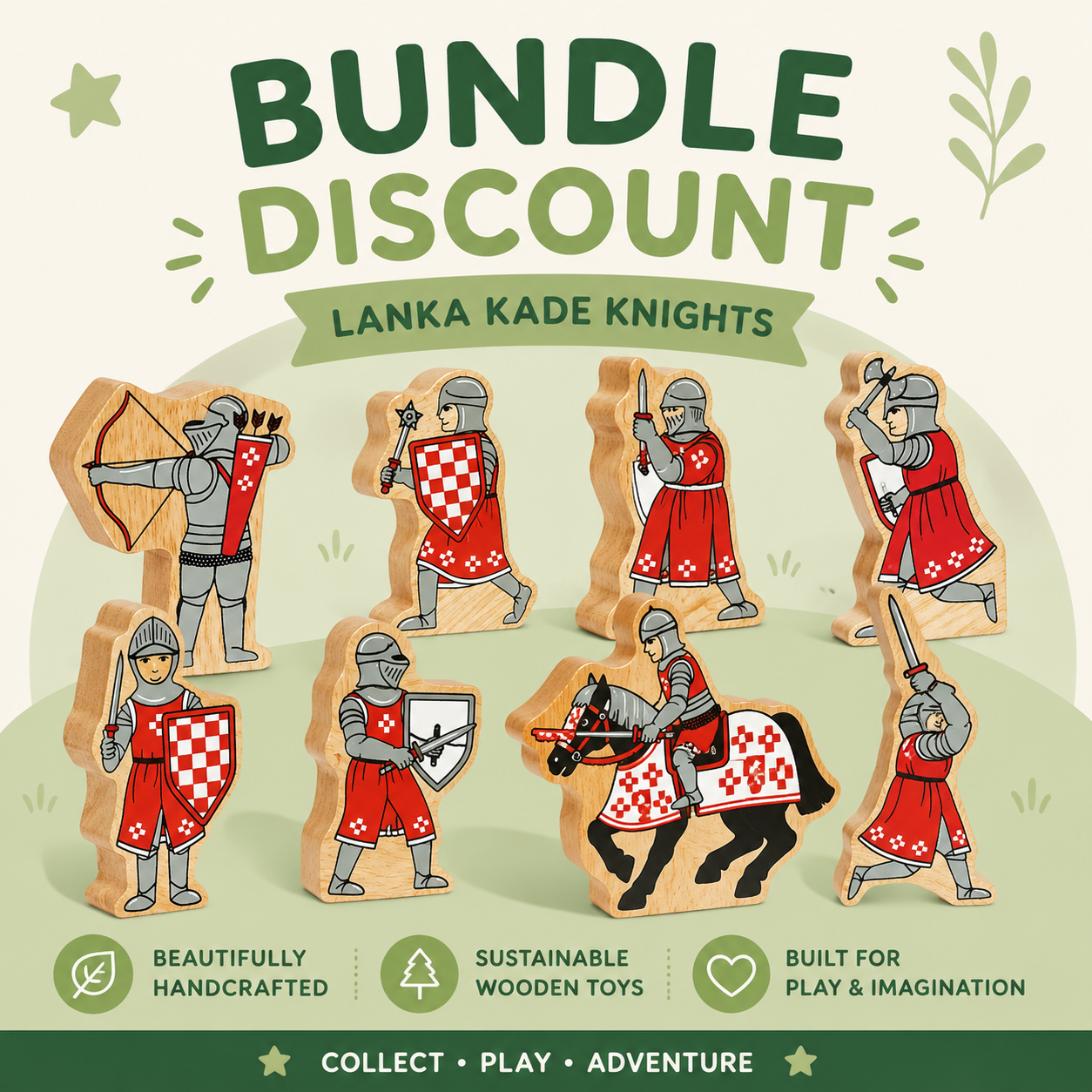 Promotional graphic for a 'Bundle Discount' featuring the 'Lanka Kade Knights' wooden toy set. The image showcases multiple illustrated medieval knight wooden blocks in various poses, including archer, shield, and horse rider, set against a light cream background with green decorative elements and text highlighting product features like 'Beautifully Handcrafted' and 'Sustainable Wooden Toys'.