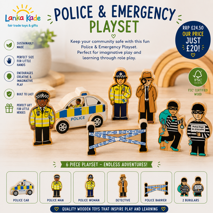 Lanka Kade Wooden Police & Emergency Services Play Set – Fair Trade Wooden Toy Bundle