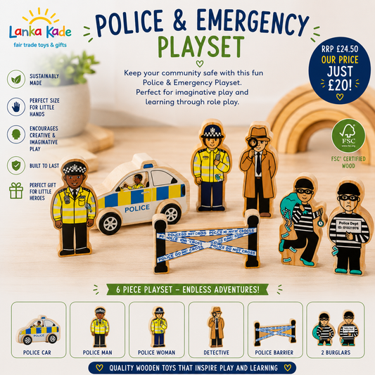 Lanka Kade Wooden Police & Emergency Services Play Set – Fair Trade Wooden Toy Bundle