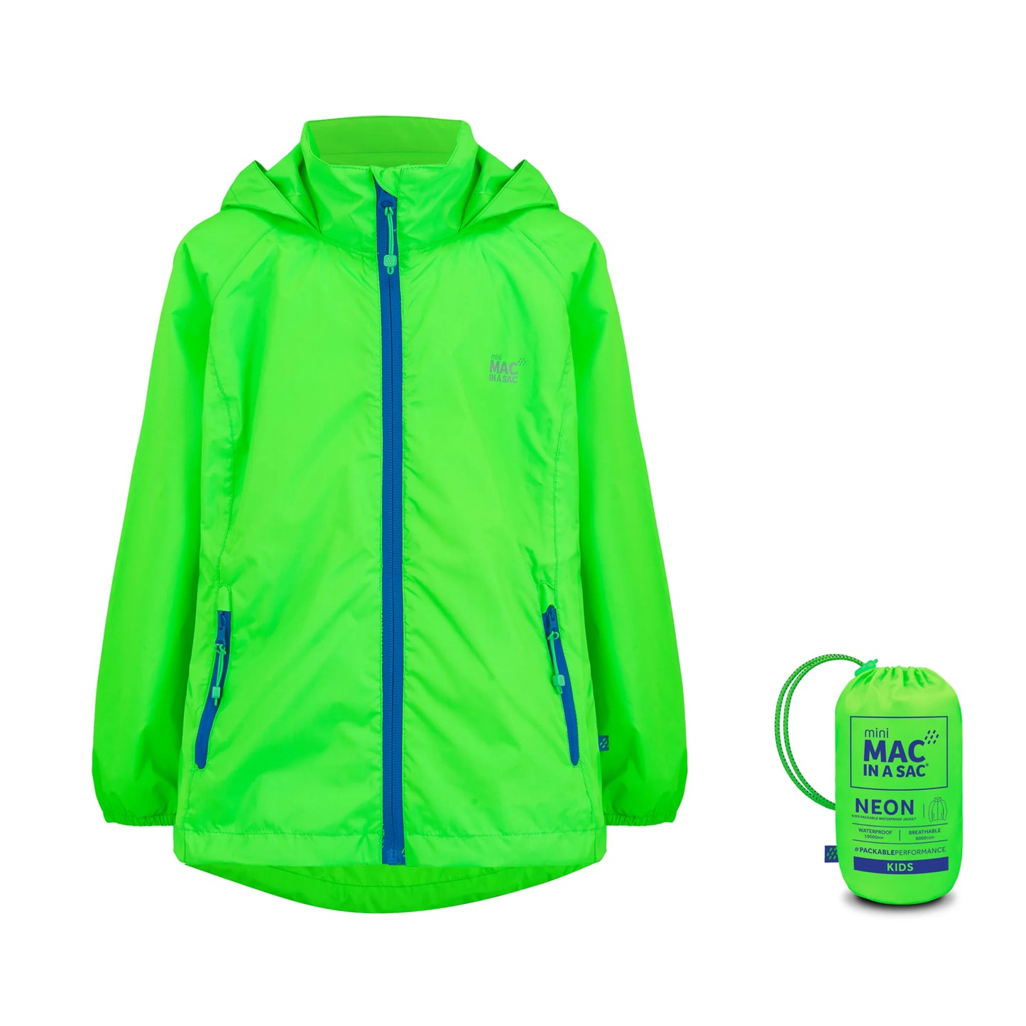 Origin Mini Packable Waterproof Kids Jacket, Neon Green