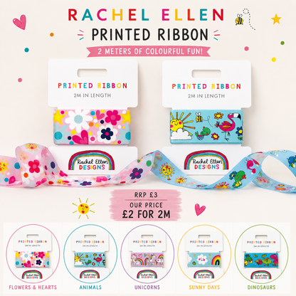 Promotional graphic for Rachel Ellen Designs printed ribbon, showing two packaged rolls of ribbon and a loose unrolled section on a light cream background. The ribbons feature colorful floral, polka dot, rainbow, sun, flamingo, and dinosaur prints.