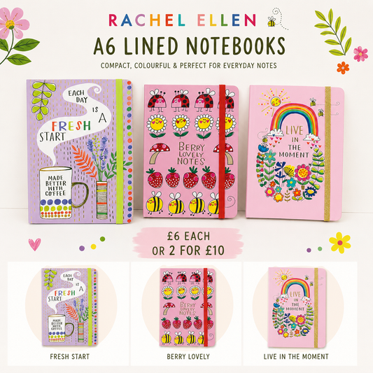 Three illustrated A6 lined notebooks displayed on a white background with decorative floral graphics and text reading 'RACHEL ELLEN A6 LINED NOTEBOOKS.' The notebooks have pastel covers with colorful drawings: one lavender 'Fresh Start' mug design, one pink/red 'Berry Lovely' strawberry pattern, and one pink rainbow design.