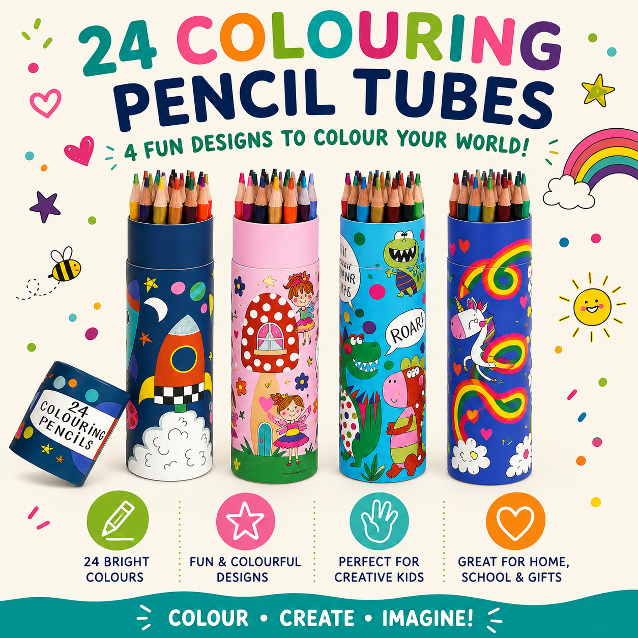 A set of 24 colouring pencil tubes with colorful cartoon designs, shown on a light cream background with playful illustrations and text describing the fun designs and creative use of the pencils.