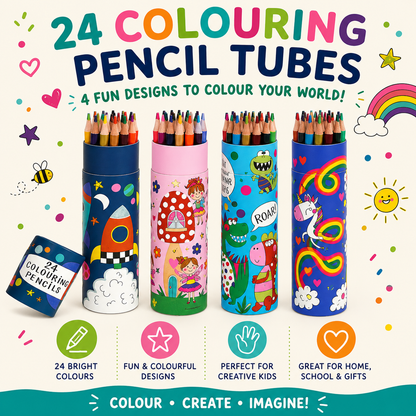 A set of 24 colouring pencil tubes with colorful cartoon designs, shown on a light cream background with playful illustrations and text describing the fun designs and creative use of the pencils.
