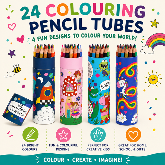 A set of 24 colouring pencil tubes with colorful cartoon designs, shown on a light cream background with playful illustrations and text describing the fun designs and creative use of the pencils.