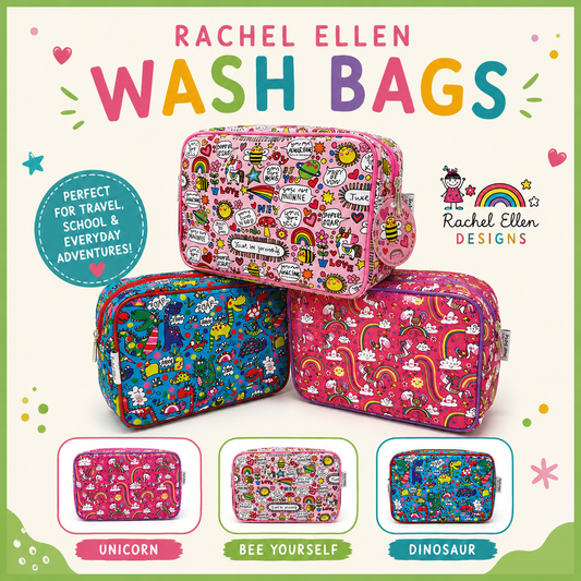 Promotional graphic for Rachel Ellen Wash Bags showing three patterned zip pouches: a pink unicorn bag on top, a blue bee-themed bag on the left, and a pink dinosaur bag on the right. The background is cream with colorful text reading 'RACHEL ELLEN WASH BAGS' and smaller labels 'UNICORN', 'BEE YOURSELF', and 'DINOSAUR' at the bottom.