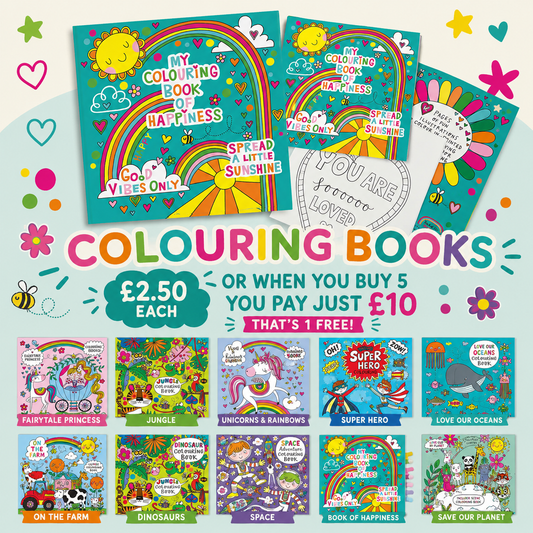 Promotional graphic for Colouring Books showing two large sample book covers with bright rainbow artwork, a central offer banner reading 'COLOURING BOOKS OR WHEN YOU BUY 5 YOU PAY JUST £10 THAT'S 1 FREE!', and a grid of smaller illustrated book covers below including Fairytale Princess, Jungle, Unicorns & Rainbows, Super Hero, Love Our Oceans, On the Farm, Dinosaurs, Space, Book of Happiness, and Save Our Planet.