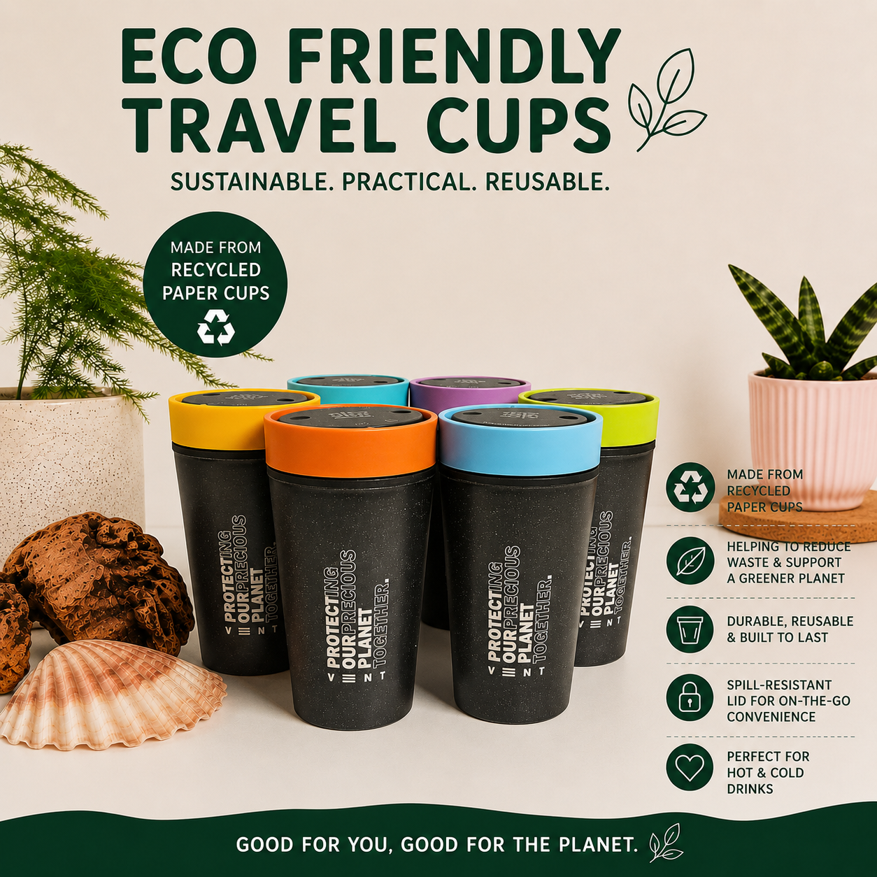 Six black reusable travel cups with colorful lids (yellow, orange, blue, purple, green, and black) arranged on a white surface with decorative plants and cookies. The image features text overlays highlighting the cups' eco-friendly, recycled paper cup origins and key features.