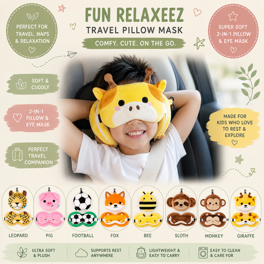 A promotional graphic for a 'Fun Relaxzeez' travel pillow mask, featuring a young boy wearing a yellow giraffe-shaped mask in a car seat. The graphic includes text highlighting product features like 'Soft & Cuddly', '2-in-1 Pillow & Eye Mask', and 'Super Soft 2-in-1 Pillow & Eye Mask', along with a row of different animal-themed masks at the bottom.