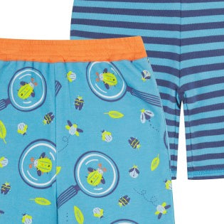 Piccalilly reversible organic cotton shorts with bug explorer print and blue stripes