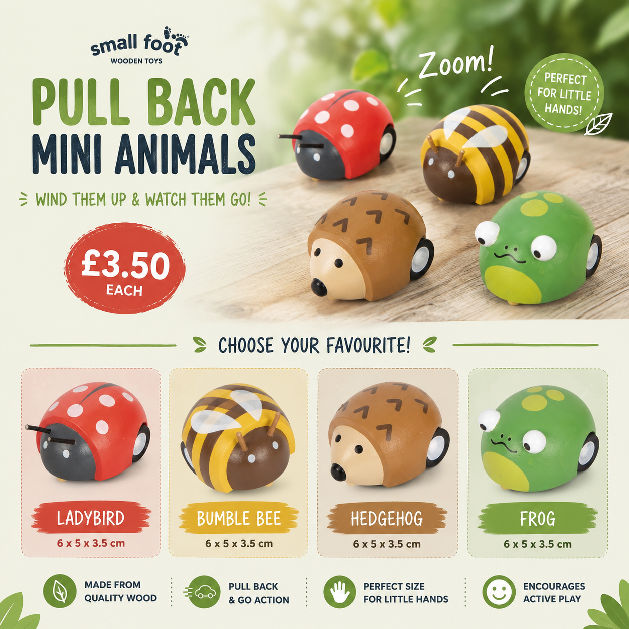 Promotional graphic for Small Foot Wooden Toys' 'Pull Back Mini Animals' set, showing four hand-painted wooden toy animals (a ladybird, a bumble bee, a hedgehog, and a frog) on a light wood background with text and size details.