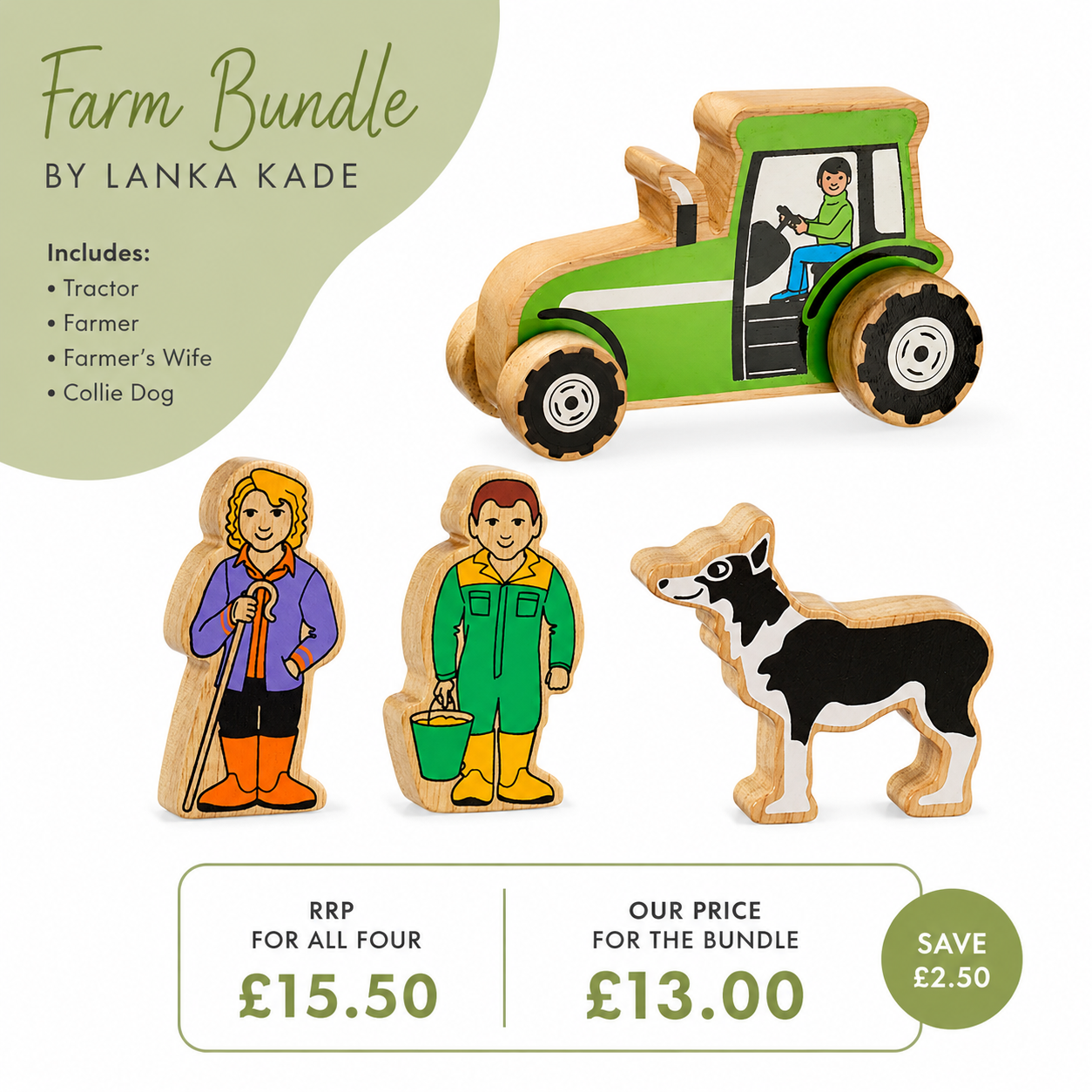 Lanka Kade Wooden Farm Toy Bundle – Farmer, Wife, Collie & Tractor