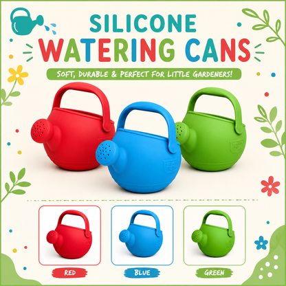 Three silicone watering cans in red, blue, and green are shown on a light cream background with decorative leaves and flowers. Large text at the top reads 'SILICONE WATERING CANS,' and smaller text says 'SOFT, DURABLE & PERFECT FOR LITTLE GARDENERS!' Below, three inset boxes label the colors as Red, Blue, and Green.