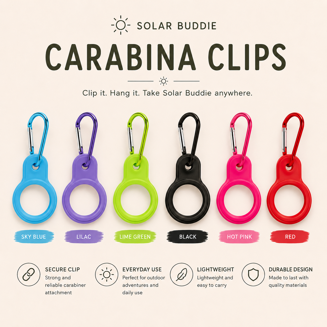 A promotional graphic for Solar Buddie Carabina Clips showing six color options: sky blue, lilac, lime green, black, hot pink, and red. Each clip is shown with a carabiner clip and a small color label underneath.