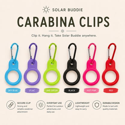 A promotional graphic for Solar Buddie Carabina Clips showing six color options: sky blue, lilac, lime green, black, hot pink, and red. Each clip is shown with a carabiner clip and a small color label underneath.