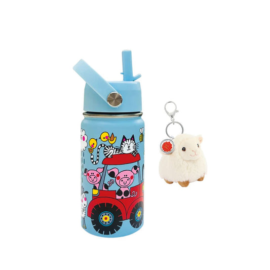 Eco Kids Gift Bundle | Rachel Ellen Farm Stainless Steel Water Bottle & Keel Eco Lamb Soft Toy Keychain