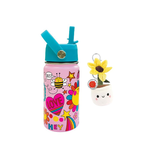Eco Kids Gift Bundle | Rachel Ellen Bee Happy Stainless Steel Water Bottle & Keel Eco Sunflower Soft Toy Keychain