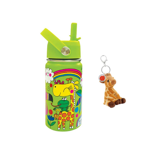 Eco Kids Gift Bundle | Rachel Ellen Jungle Stainless Steel Water Bottle & Keel Eco Girafe Soft Toy Keychain