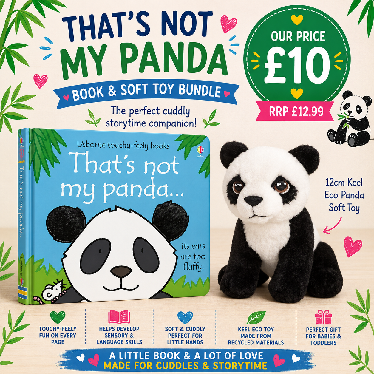A promotional graphic for a book and soft toy bundle titled "That's not my panda." It shows a children's book with a panda cover and a plush panda toy beside it, with text highlighting the price, RRP, and product features on a light background with decorative leaves.
