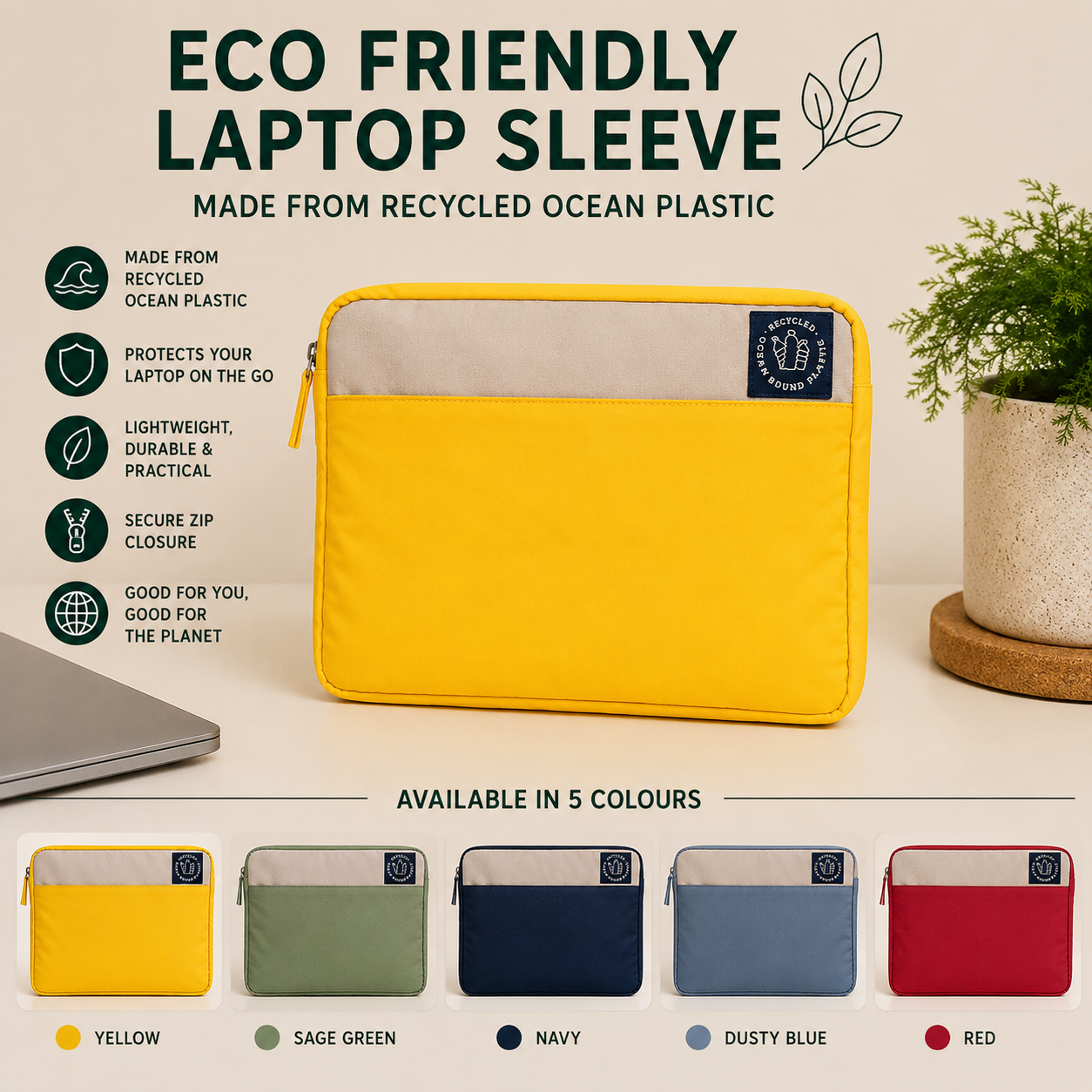A yellow laptop sleeve made from recycled ocean plastic, displayed on a desk next to a laptop and a potted plant. The graphic includes text highlighting product features and shows five color options at the bottom.