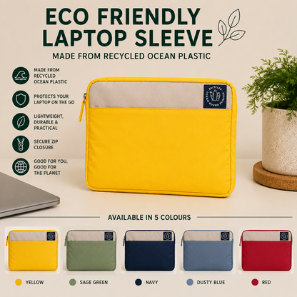 A yellow laptop sleeve made from recycled ocean plastic, displayed on a desk next to a laptop and a potted plant. The graphic includes text highlighting product features and shows five color options at the bottom.