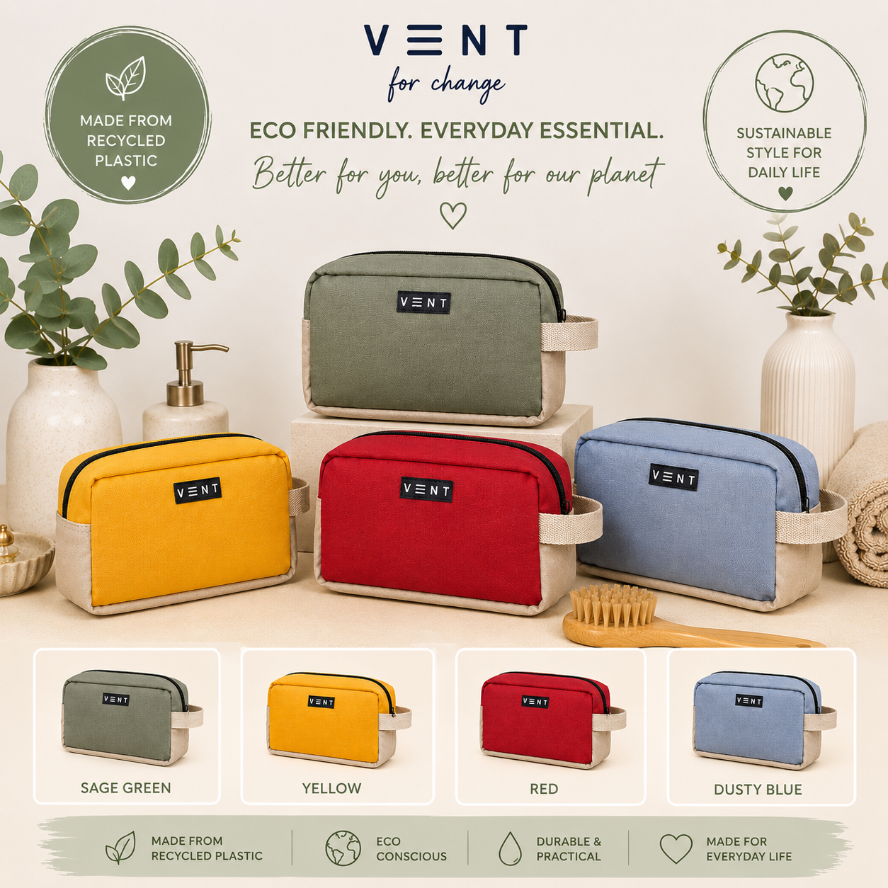 Four VENT brand zippered pouches in Sage Green, Yellow, Red, and Dusty Blue are displayed on a light beige background with decorative props like vases, a brush, and a soap dispenser. The image includes text overlays highlighting eco-friendly and sustainable qualities, along with a color options summary at the bottom.