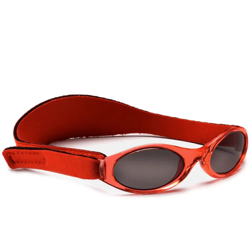 Red wrap-around sunglasses with a matching red headband strap and dark tinted lenses, shown on a plain white background.