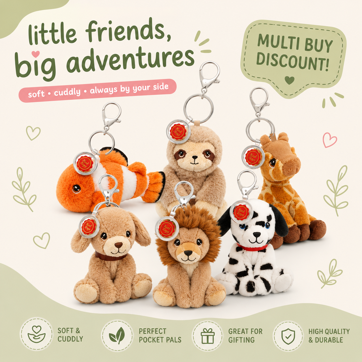 Six plush animal pocket pals with metal clip attachments are arranged on a light cream background with decorative text and icons. The set includes an orange and white fish, a brown sloth, a tan giraffe, a light brown puppy, a lion, a black-and-white Dalmatian, and a brown monkey, each with a small red flower charm near the clip.
