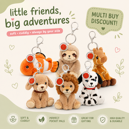 Six plush animal pocket pals with metal clip attachments are arranged on a light cream background with decorative text and icons. The set includes an orange and white fish, a brown sloth, a tan giraffe, a light brown puppy, a lion, a black-and-white Dalmatian, and a brown monkey, each with a small red flower charm near the clip.