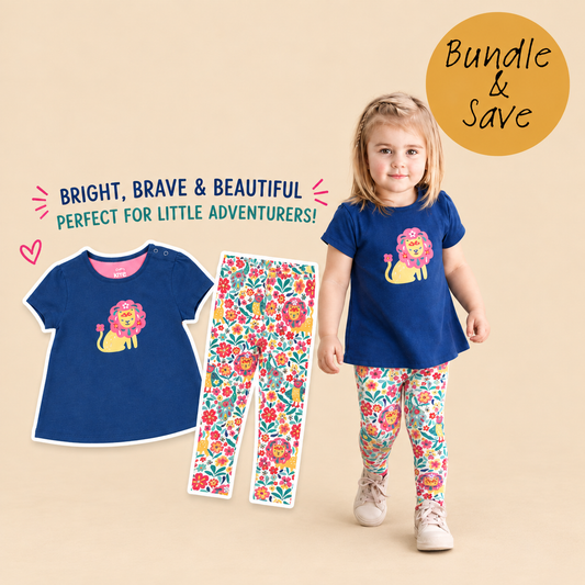 A child model wearing a navy blue short-sleeve t-shirt with a colorful lion graphic and matching floral print leggings, shown on a warm beige background with the words 'Bundle & Save' and product cutouts of the outfit.