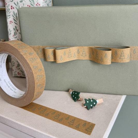 Eco-Friendly Brown Paper Tape – 50m, Green Trees