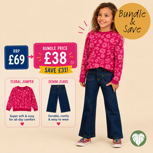 A young girl models a pink floral long-sleeve jumper and dark blue denim jeans against a beige background, with promotional text showing a bundle price of £38 and a RRP of £69.