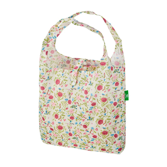 Eco Chic Beige Floral Print Foldable Reusable Shopping Bag – rPET Recycled Lightweight Bag