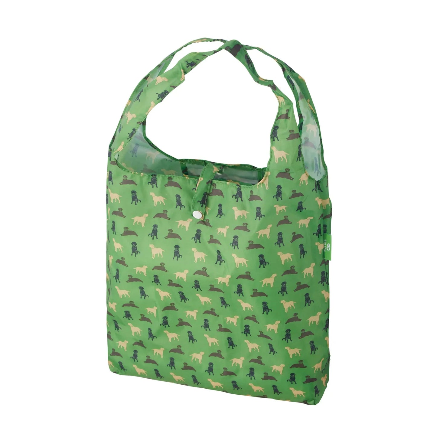 Eco Chic Green Labradors Print Foldable Reusable Shopping Bag – rPET Recycled Lightweight Bag