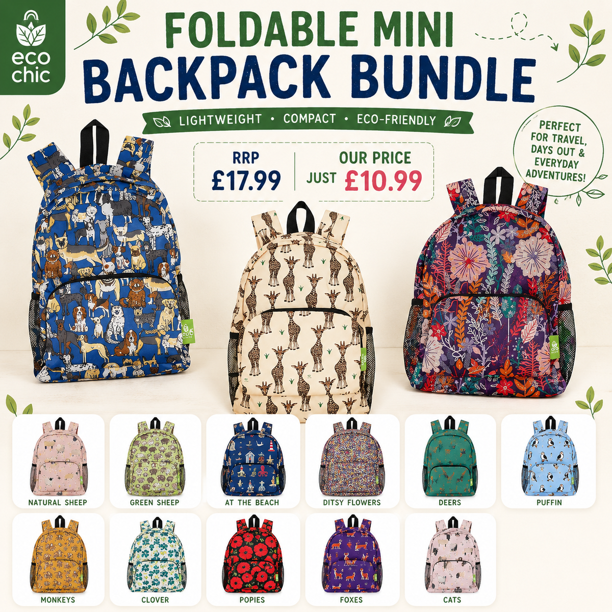 Promotional graphic for a foldable mini backpack bundle by Eco Chic, showing three main backpacks with different printed patterns (blue woodland, beige deer, and multicolor floral) and a row of smaller color/pattern options below. Text highlights lightweight, compact, and eco-friendly features, with the sale price shown prominently.