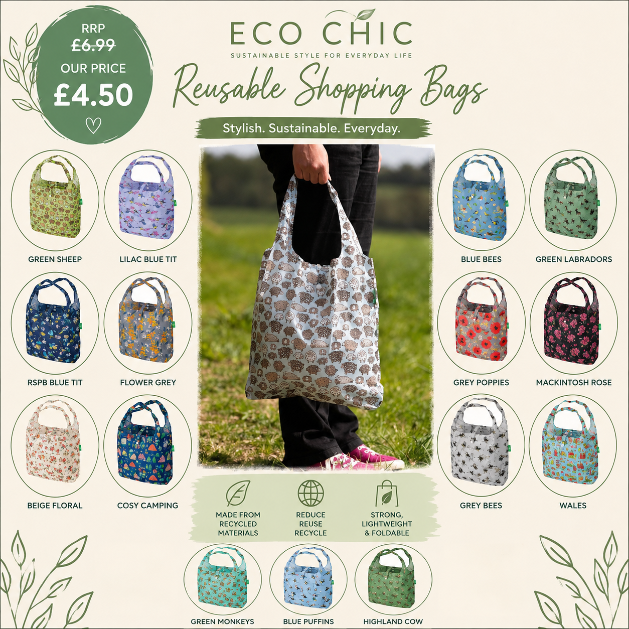 A promotional graphic for Eco Chic reusable shopping bags, showing a central photo of a person outdoors holding a patterned reusable bag, surrounded by circular previews of multiple fabric bag color and pattern options. Text includes 'ECO CHIC', 'Reusable Shopping Bags', 'Stylish.