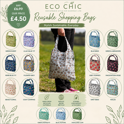 A promotional graphic for Eco Chic reusable shopping bags, showing a central photo of a person outdoors holding a patterned reusable bag, surrounded by circular previews of multiple fabric bag color and pattern options. Text includes 'ECO CHIC', 'Reusable Shopping Bags', 'Stylish.