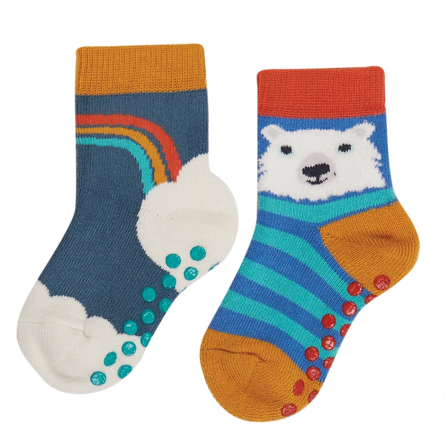 Frugi Grippy Socks 2 Pack – India Ink Rainbow | Organic Cotton Toddler Socks