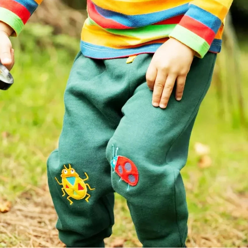 A child wearing a colorful striped long-sleeve shirt with a ladybug applique and dark green pants with embroidered ladybug patches on the knees, standing outdoors on a grassy ground.