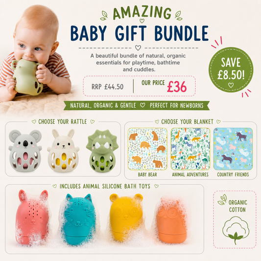 Baby gift bundle promotional graphic featuring a baby holding a green rattle, animal-themed bath toys, interchangeable rattle and blanket designs, and text offering a £36 bundle with a £8.50 savings badge.