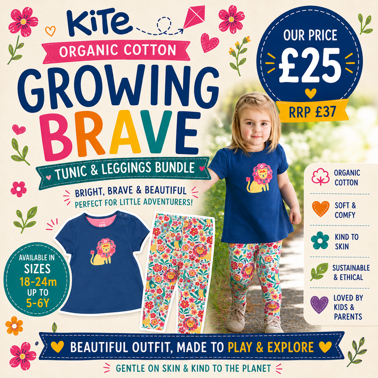 Promotional graphic for a children's tunic and leggings bundle from Kite Organic Cotton, featuring a young girl modeling the outfit outdoors, with the blue tunic and floral leggings shown separately. The design includes price callouts (£25 and RRP £37), fabric benefits, and decorative floral graphics on a light background.