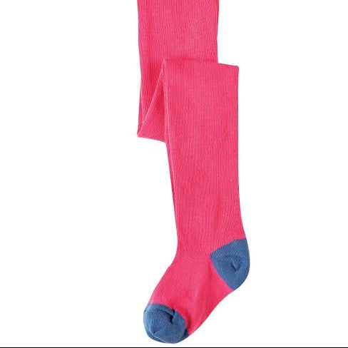A pair of knee-high ribbed socks in bright pink with contrasting blue toes and heels, shown against a plain white background.
