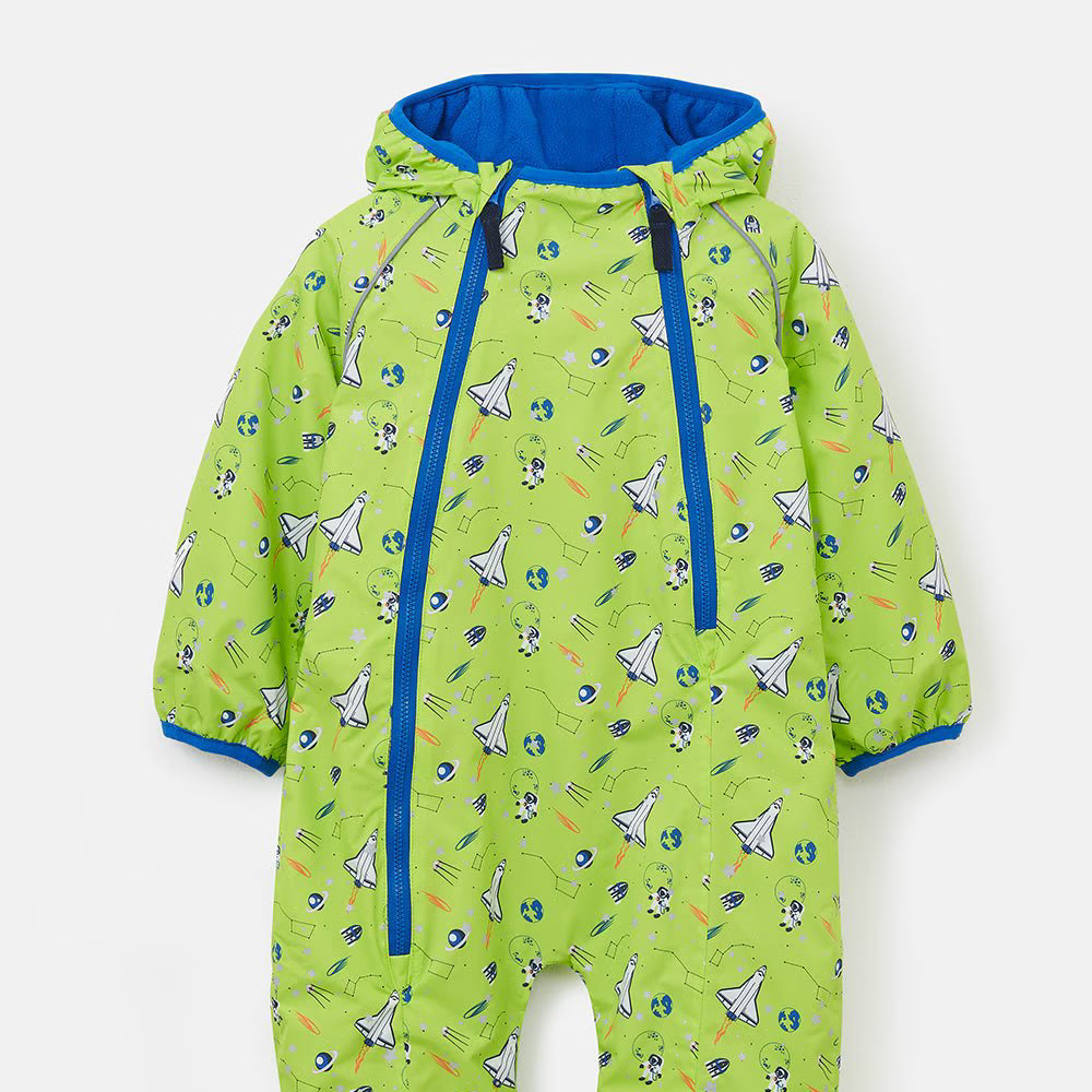 A baby hooded snowsuit in bright lime green with a repeating white rocket ship pattern, featuring blue trim, a blue hood lining, and a front zipper.