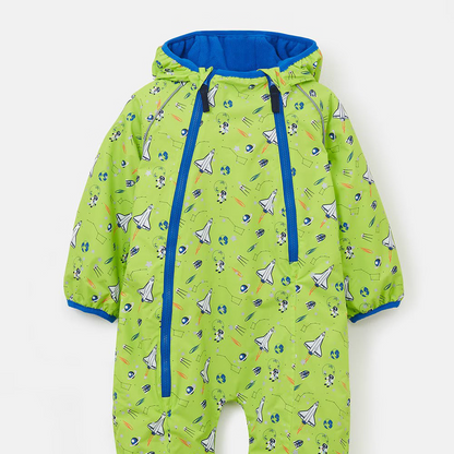 A baby hooded snowsuit in bright lime green with a repeating white rocket ship pattern, featuring blue trim, a blue hood lining, and a front zipper.
