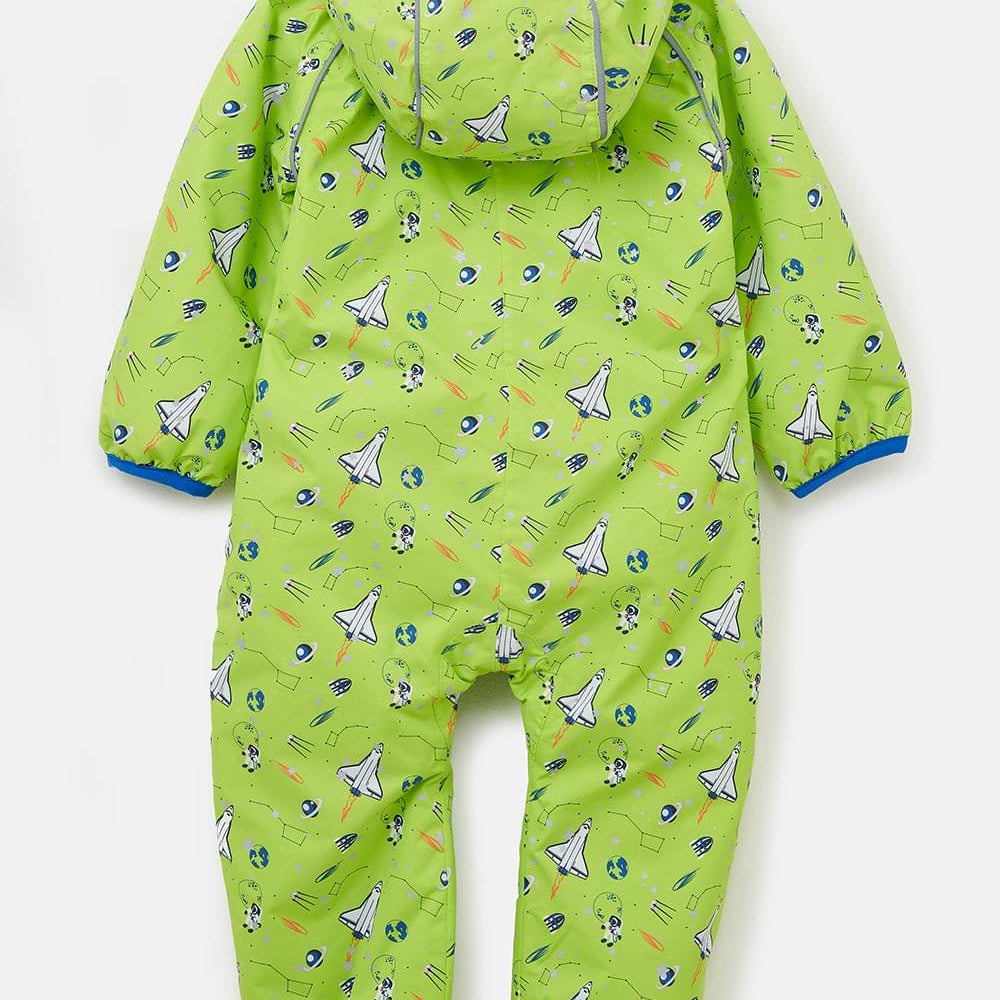 A children's hooded one-piece snowsuit or pajama in bright lime green, shown from the back. The fabric is covered in a repeating print of white rockets, blue stars, and small colorful space-themed icons, with blue trim along the hood, cuffs, and ankles.