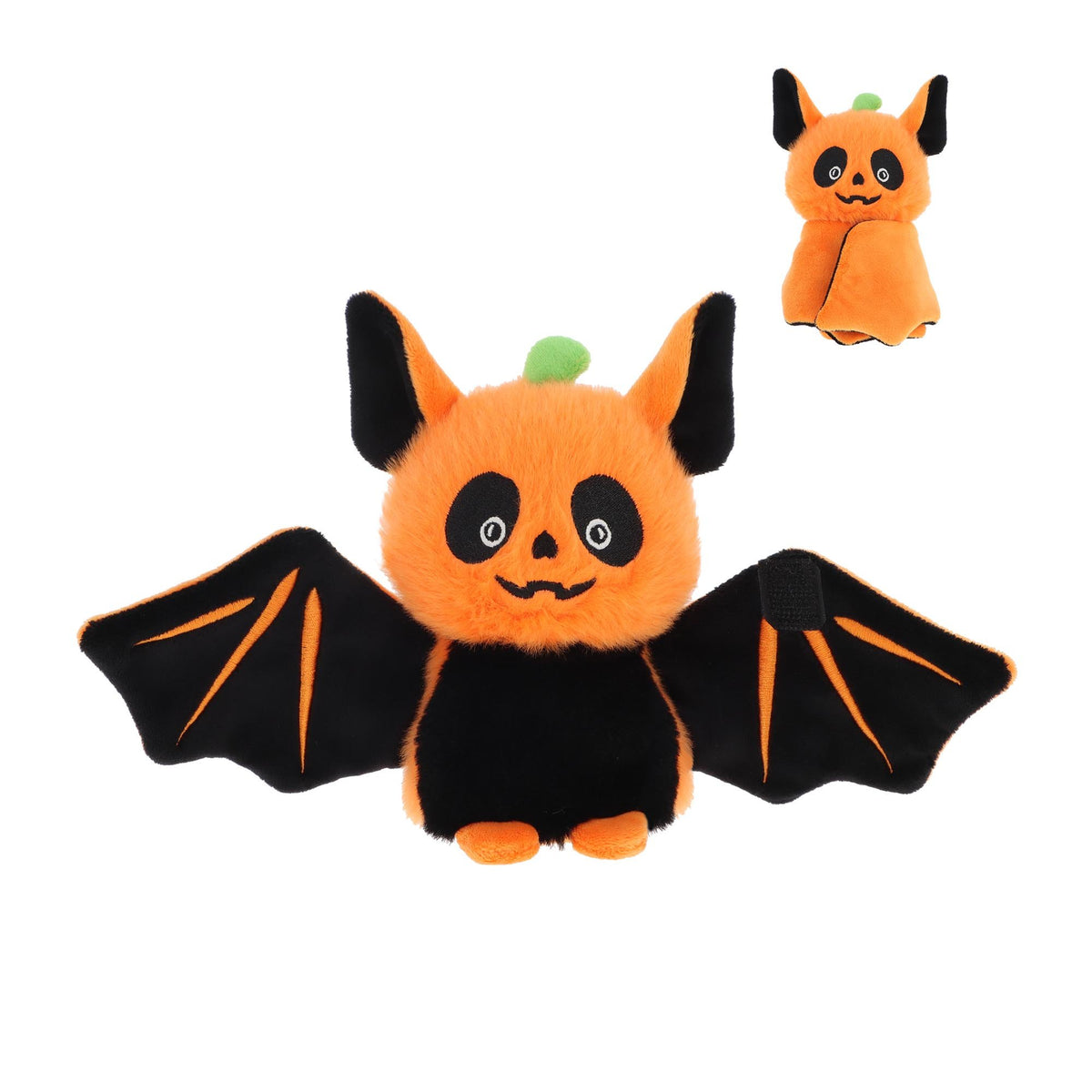 Plush toy bat with orange body and black wings on a white background