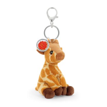Plush giraffe keychain with a tag on a white background