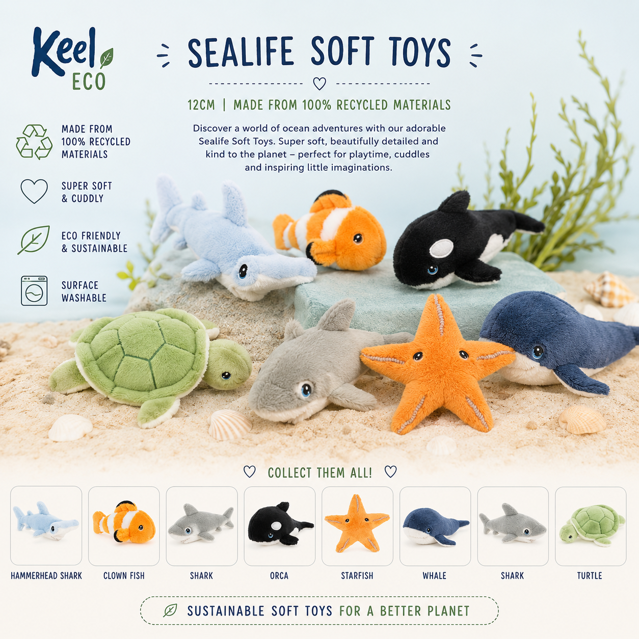 A promotional graphic for Keel Eco Sealife Soft Toys showing several plush sea life toys arranged on sand: a green turtle, blue whale, gray shark, black-and-white orca, orange clownfish, and an orange starfish. Text highlights recycled materials, soft cuddly texture, eco-friendly design, and washability.
